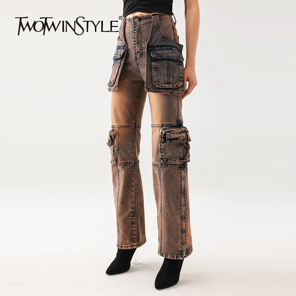 

TWOTWINSTYLE Hit Color Patchwork Pocket Denim Pant For Women High Waist Spliced Button Streetwear Wide Leg Pants Female Style