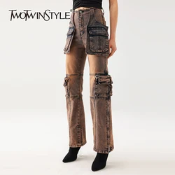Pantalón vaquero de bolsillo con retales de Color TWOTWINSTYLE para mujer, de cintura alta, con botón empalmado, ropa de calle, pantalones de pierna ancha, estilo femenino