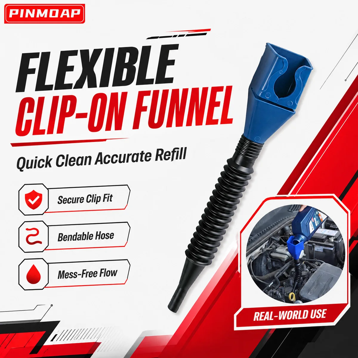 PINMOAP Flexible Clip On Funnel Hands Free No Spill Oil Pouring Tool Bendable Tube for Car Motorcycle Engine Fluid Refill Tool