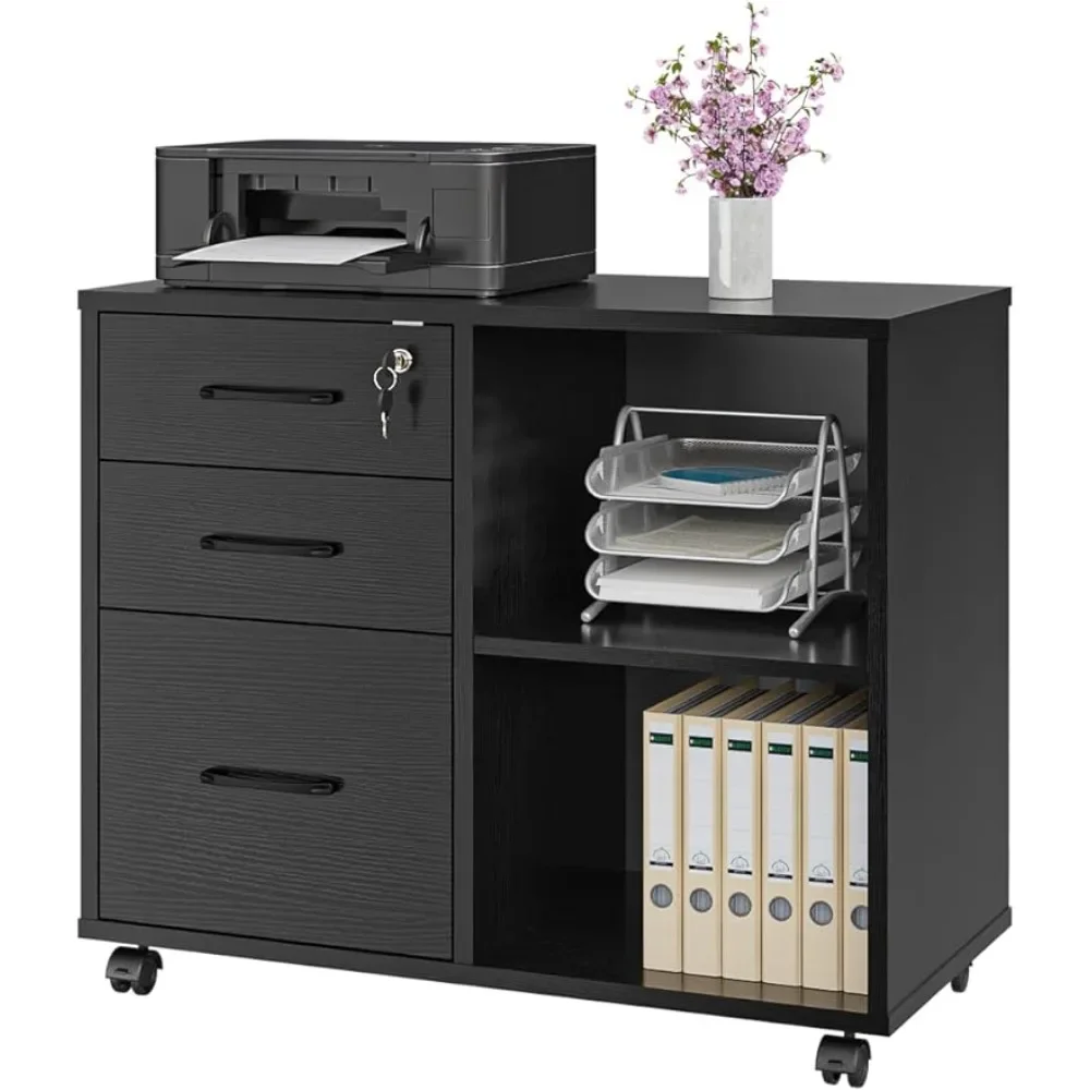 

3 Drawer Office File Cabinets Document Filing Cabinets for Office Closet Mobile Lateral Printer Stand With Open Storage Shelf