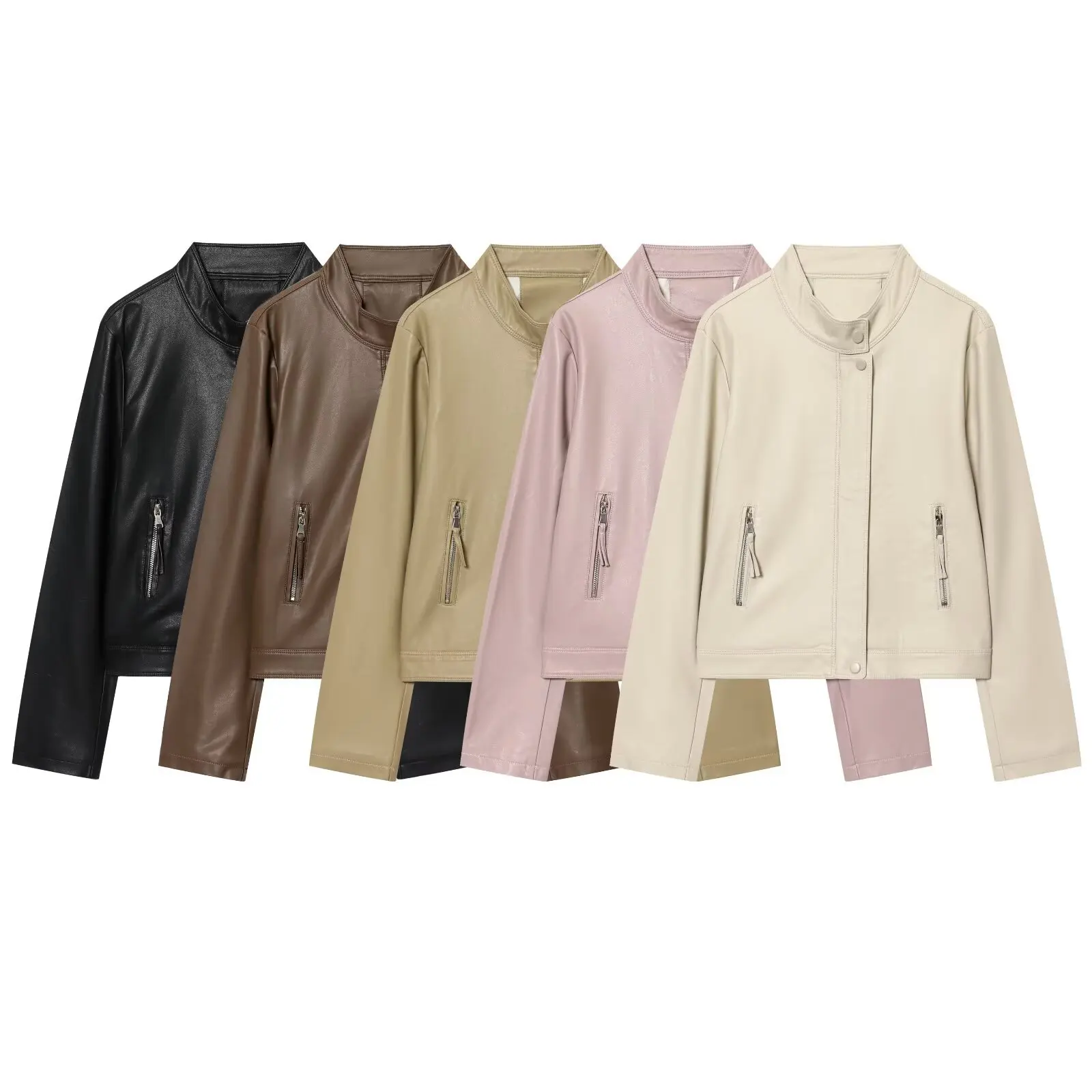 

2025 Fashion Autumn Simple Basic Double Zipper Stand Collar Leather Jacket