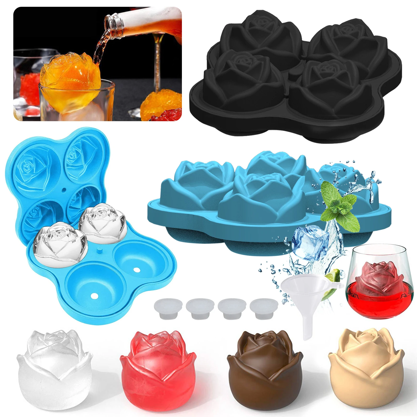 Rose-shaped Ice Mold 4-Grid Silicone Ice Cube Tray Flower Shape Ice Ball Maker Whiskey Sphere Summer Cooling Drink Wine