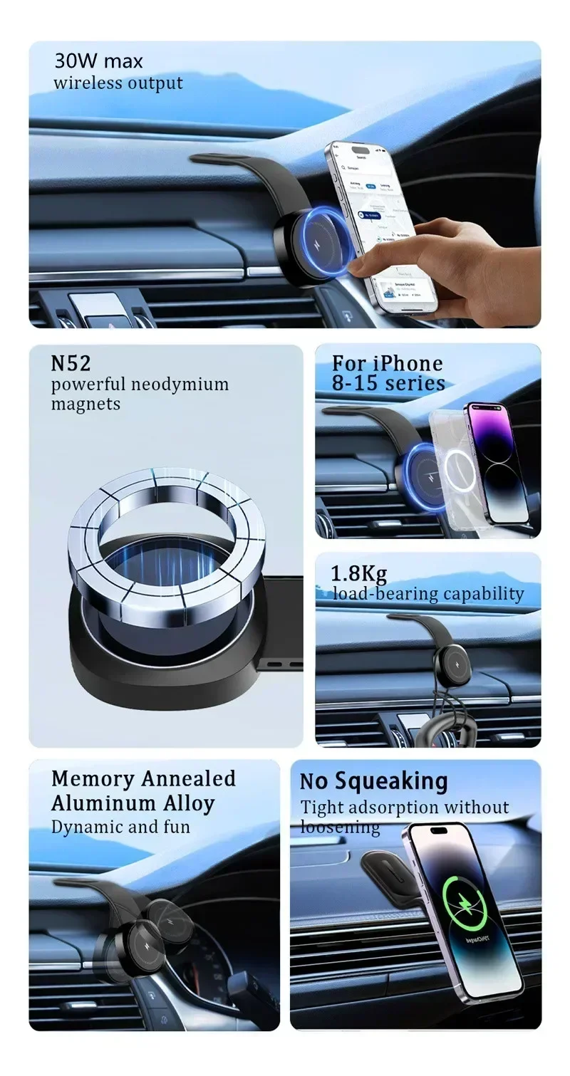Car Magnetic Wireless Charger Adhesive Style Adjustable Dashboard Phone Chargers For Magsafe iPhone 16 15 14 13 12 Fast Charging