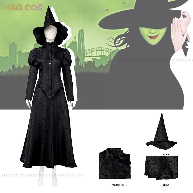 

Wicked Cosplay Witches Costumes Witch's Robe Elphaba Clothes Gotic Movie Party Role-playing Black All Dress Robe Hat 2024 New