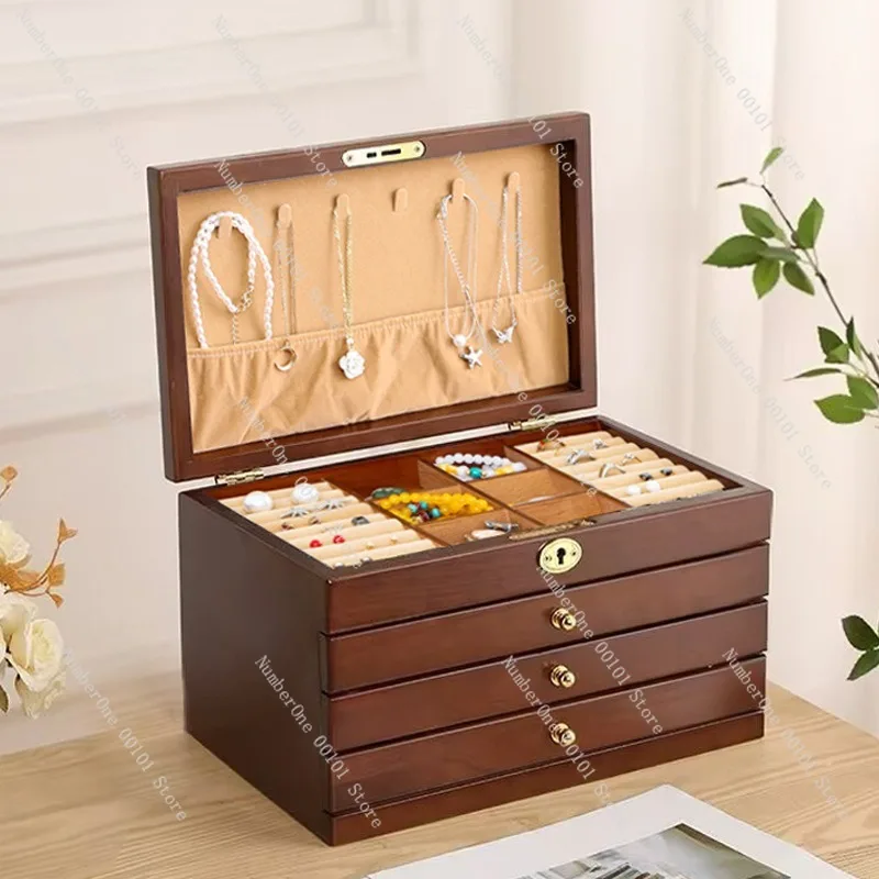 Elegant Solid Wood Jewelry Box, Large Capacity Lockable Chinese Classical Organizer for Earrings Necklace Rings