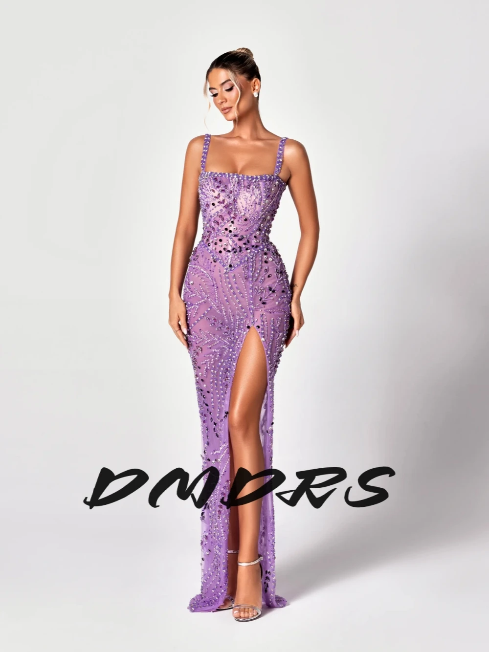 

Purple Square Neckline Illusion Evening Dress Beaded Intricate Shiny Straight Prom Crystals Customized Opulent Corset Party Wear