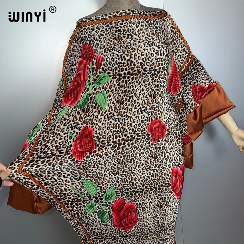 WINYI plissé élastique mince robe léopard nouveau vêtement de plage femme musulmane caftan abaya dubaï luxe longue vers le bas boho robe de soirée