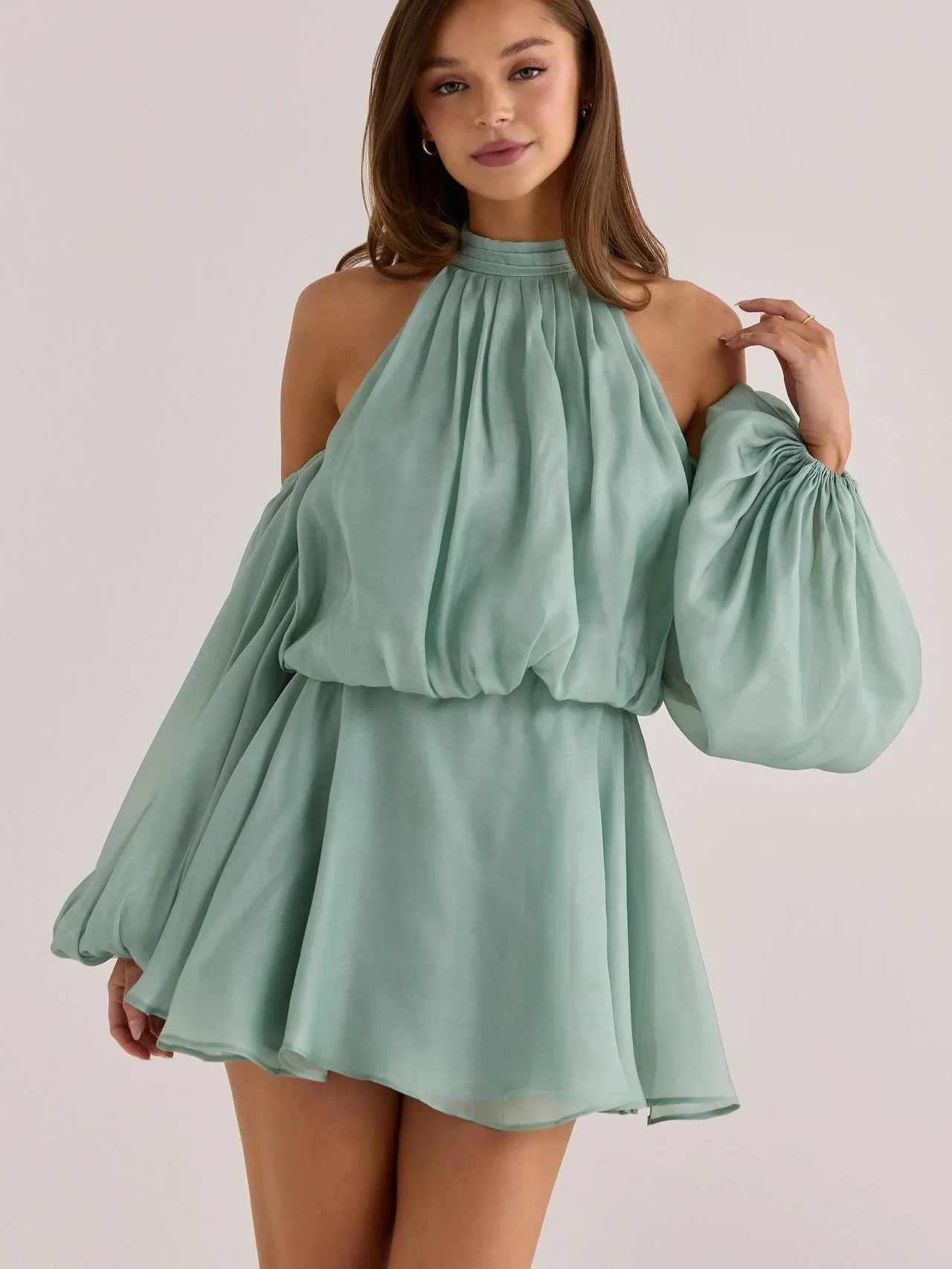2026 New Women's French Style Fresh Halter Neck High Collar Ruched Off-shoulder Bell Sleeve Summer Dress