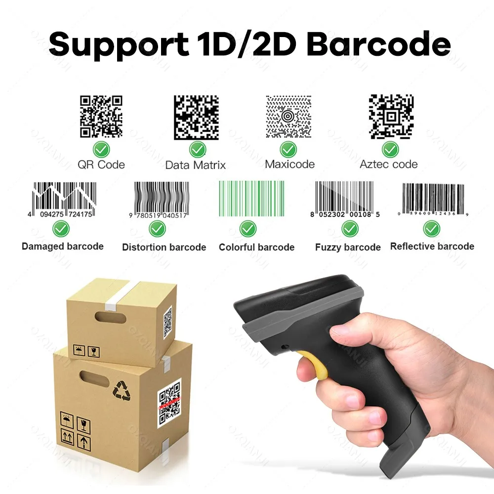 Draadloze Buetooth Barcode Draagbare Scanner Handheld Qr Code Bedrade Usb 2D Bar Code Reader PDF417 Met Base