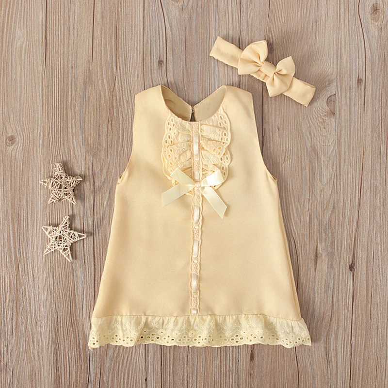 Newborn Baby Girls Dresses Summer Cute Bow Sleeveless Princess Party Birthday Lace Dress+Headband 2Pcs Kids Toddler Clothes