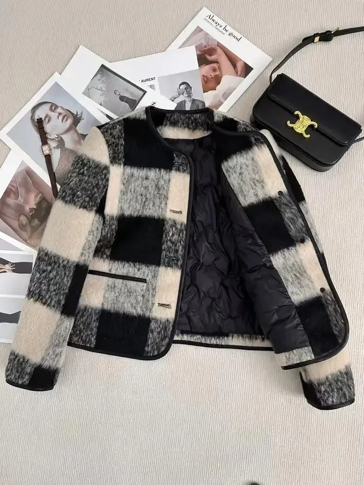 Dicker, kleiner, duftender Stil, Jacke für Damen, neuer kariertes Woll-Kurzmantel, Herbst-Winter, Damenjacke mit einreihiger Knopfleiste, junger Hals, Jacken – Detail 2