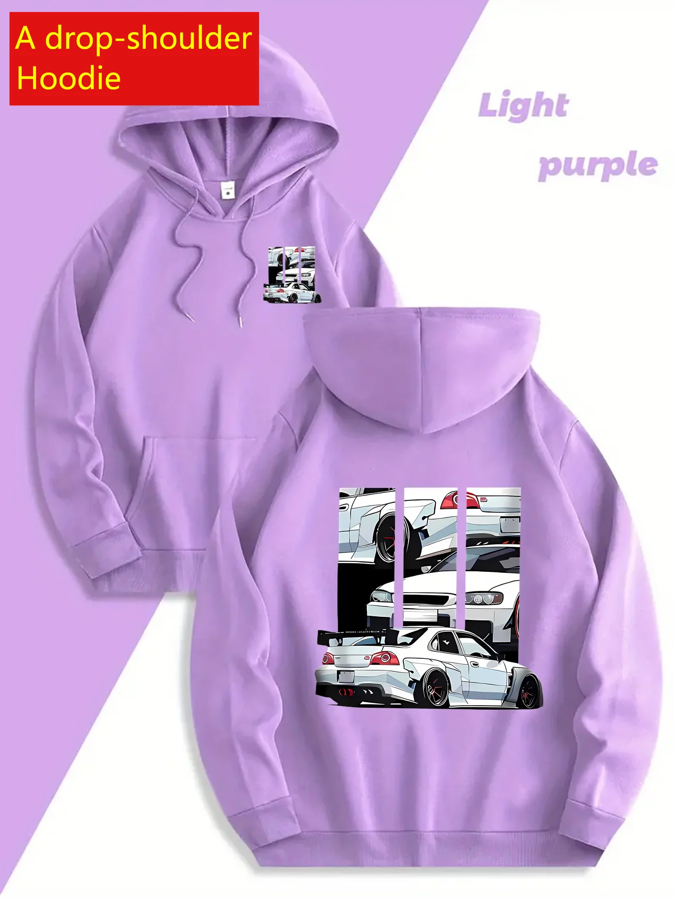 Trendy Personality Car Print Drop Shoulder Hoodie Men Casual Fashion Pullover Sweatshirt Tops Casual Streetwear Pullover Hoodie
