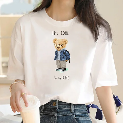 Camiseta con estampado de oso de talla grande para mujer, camiseta informal de algodón de alta calidad con personalidad de gran tamaño y cuello redondo, marca de lujo, verano