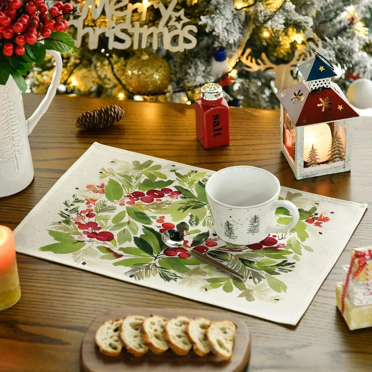 

Christmas Holly Linen Placemats Set Party Table Decor Winter Xmas Holiday Table Mats for Kitchen Christmas Decorations