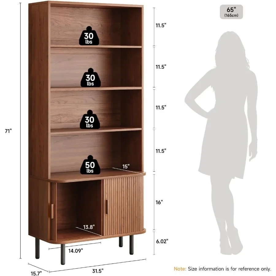 Bookshelf with Sliding Door for Living Room, Walnut Wood, Dark Brown, Space-Saving Design and Smooth Gliding Mechanism
