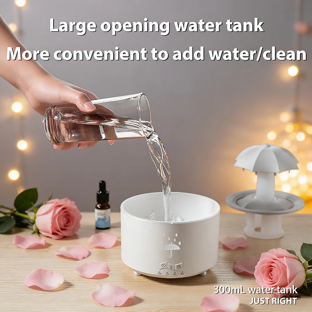 ناشر رائحة قطرة المطر المقلد الجديد الدوار لعام 2025 مع أضواء محيطة بـ 7 ألوان، و3 إعدادات للمؤقت، ومرطب هواء هادئ