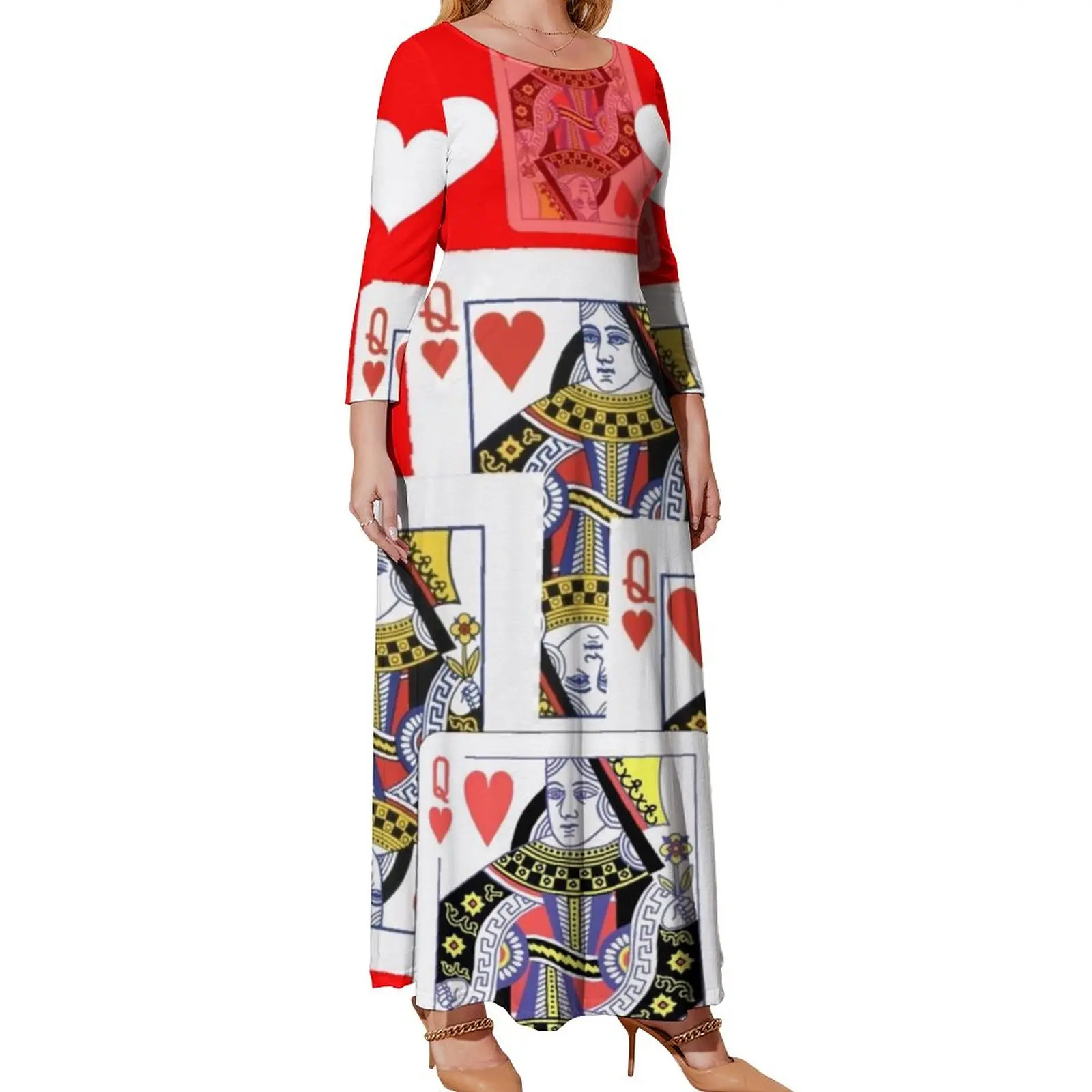 Poker Cards Dress Red Queen Heart Street Fashion Beach Dresses Womens Long-Sleeve Elegant Maxi Dress Autumn Plus Size Clothes