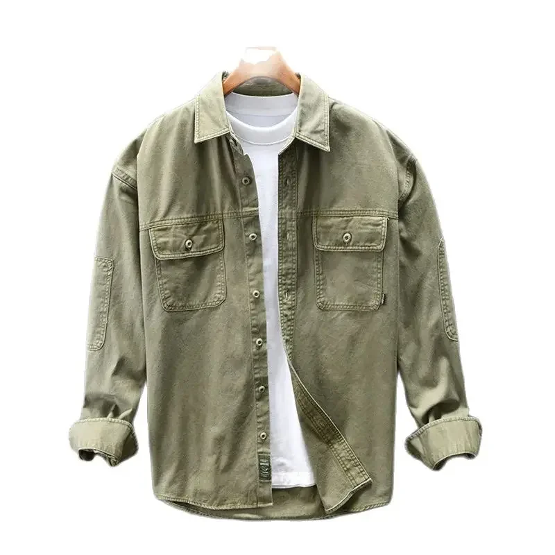 Winter Fall Fashion Men's Multi Pocket Patchwork Vintage Cargo Shirt Solid Color Long Sleeve Cotton Loose Daily Tops Blouse