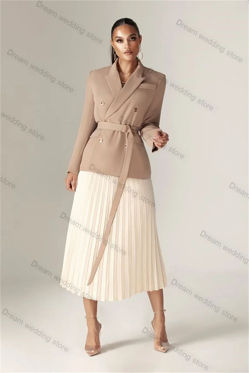 Khaki Women Suits Skirt Set 2 Piece Blazer+Midi Prom Dress Formal Wedding Tuxedo Custom Made Office Lady Autumn Jacket With Belt