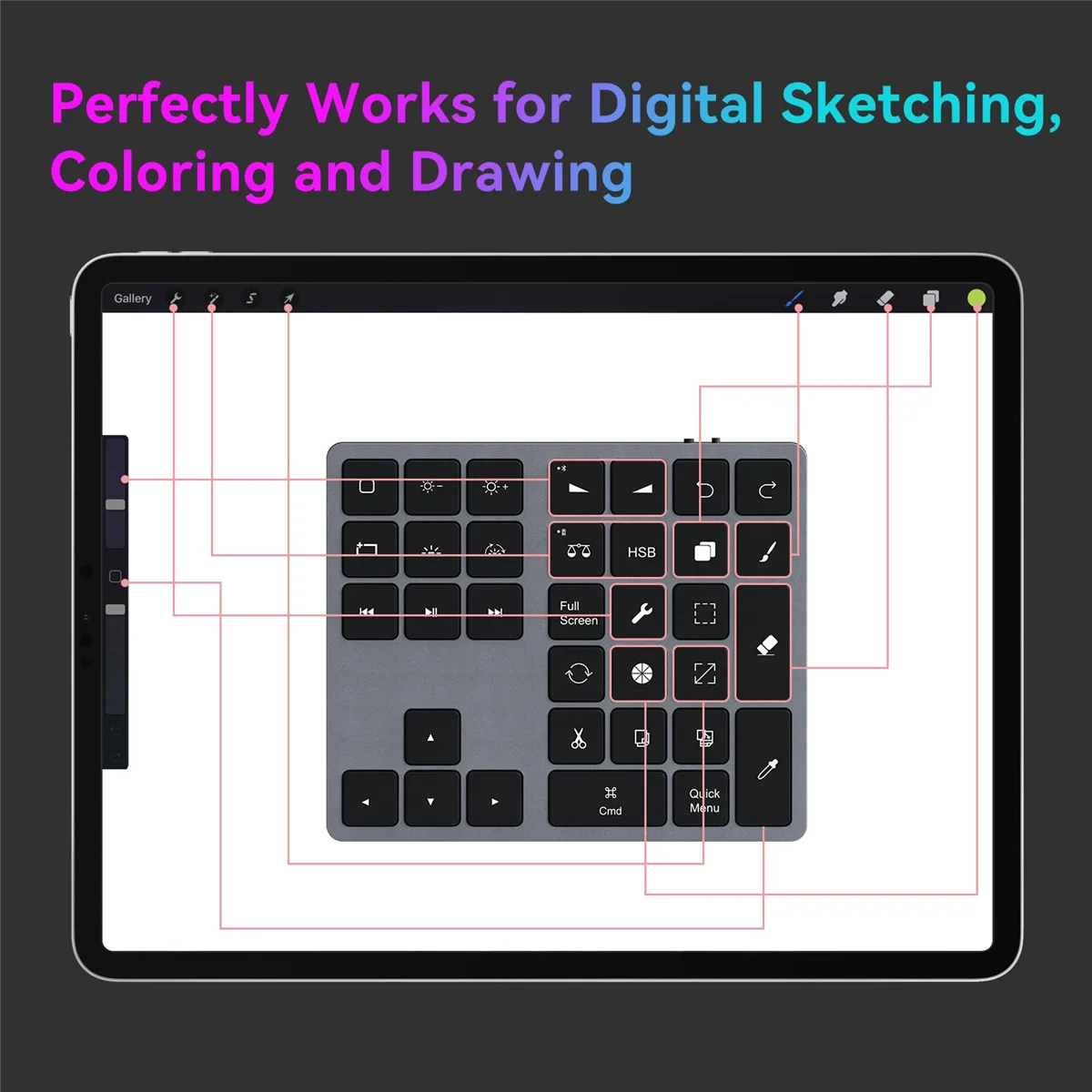لوحة مفاتيح بلوتوث مع لوحة أرقام Procreate بإضاءة خلفية قابلة لإعادة الشحن، اختصارات رسم لوحة المفاتيح لأجهزة iPad Graphic Tablets-B
