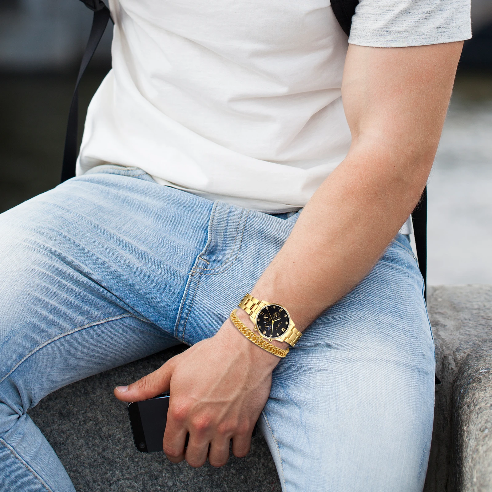 LANCARDO-Relógio masculino impermeável de aço inoxidável, quartzo, strass, data, luminoso, ponteiros, conjunto de negócios, pulseira decorativa