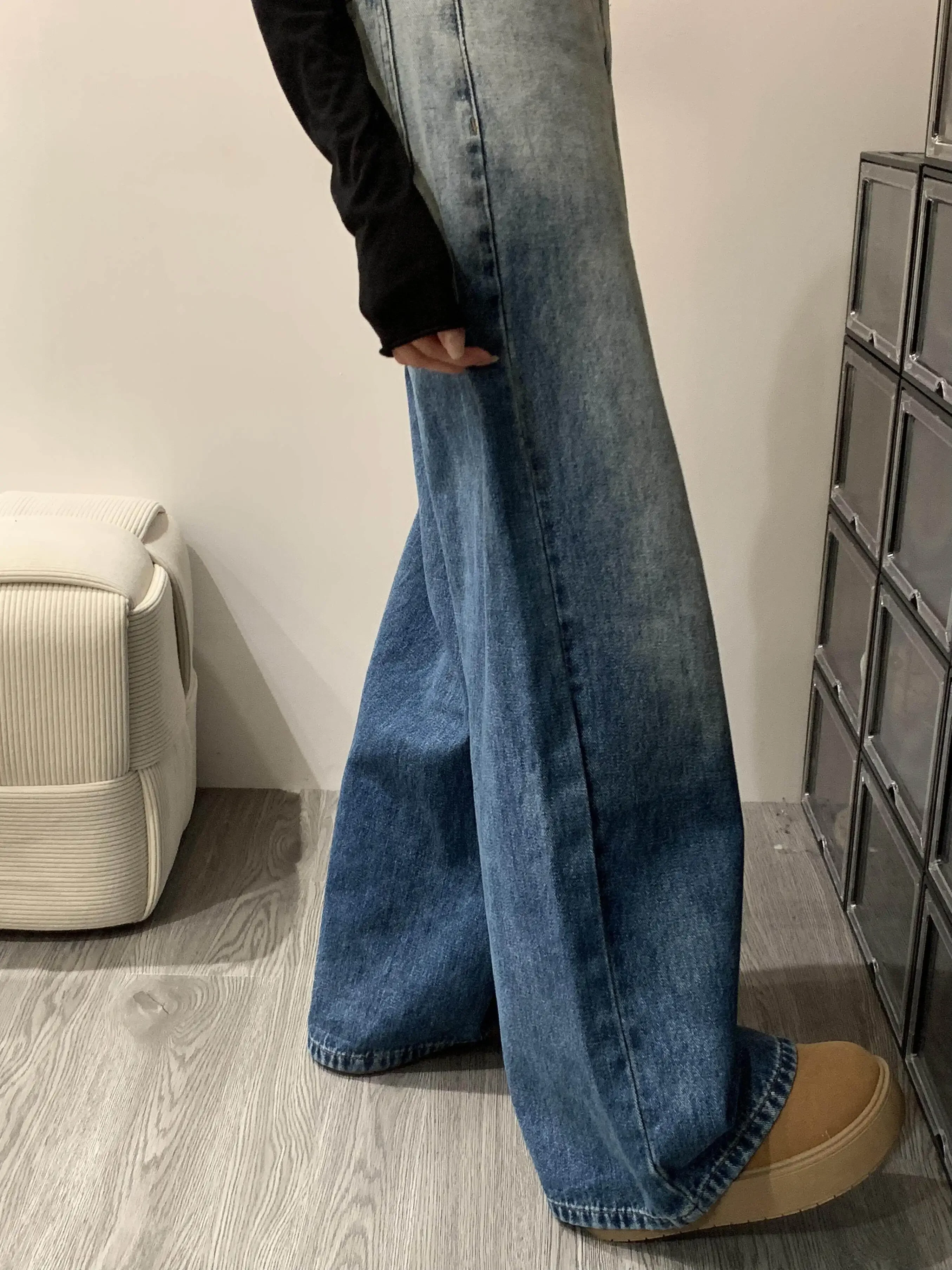 Y2K Blue Gradient Jeans Women American Vintage Wash High Waist Wide Leg Slim Fit Floor Length Pants