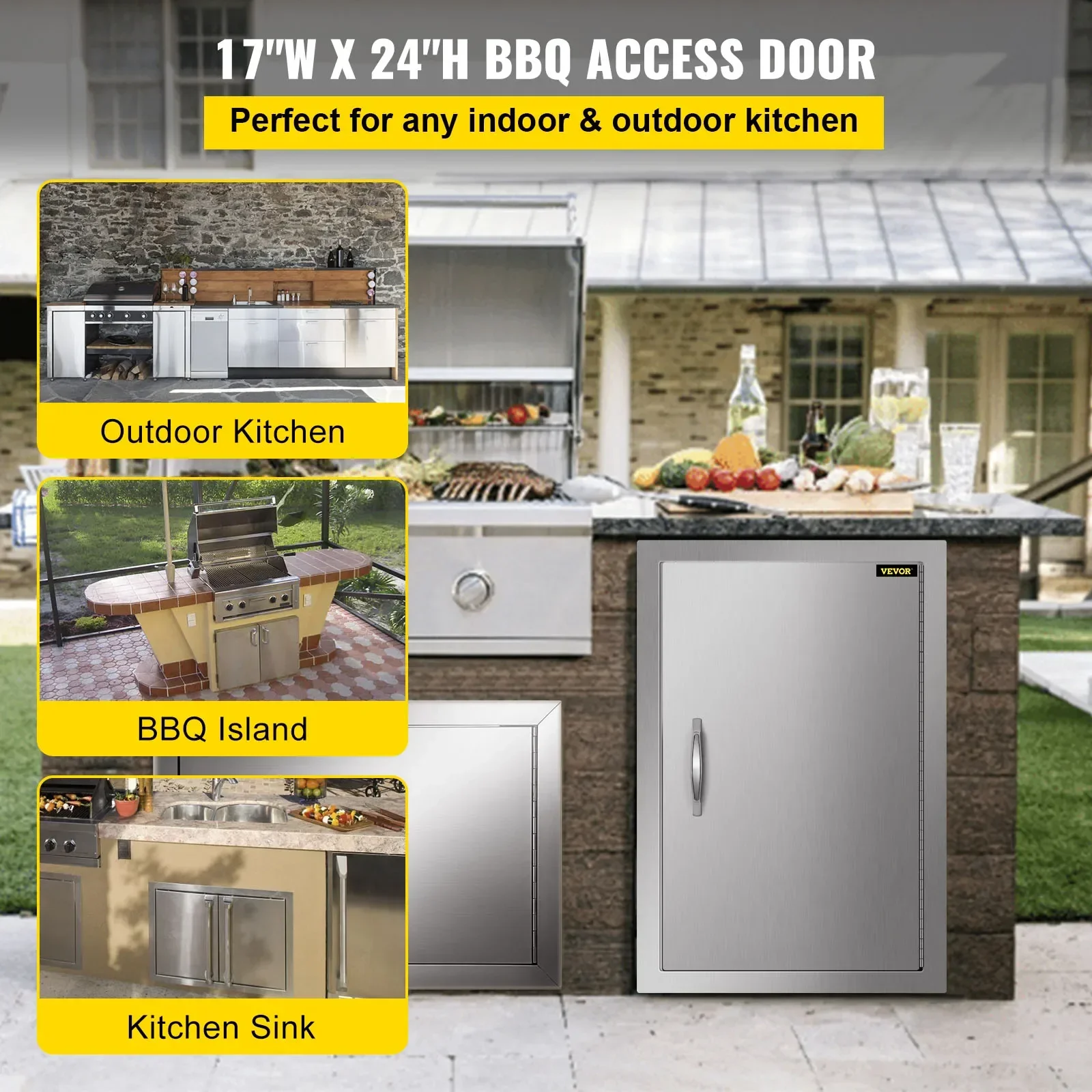 VEVOR BBQ Access Door 17x 24 Inch Single BBQ Door Stainless Steel Outdoor Kitchen Doors W/ Handle for BBQ Island Grill Station