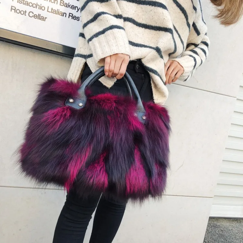 Fox Fur Bag Winter Women Fluffy Handbag Real Fur Bag Female Shoulder Crossbody Bag Evening Party Handbags Large Lady Clutch Bag