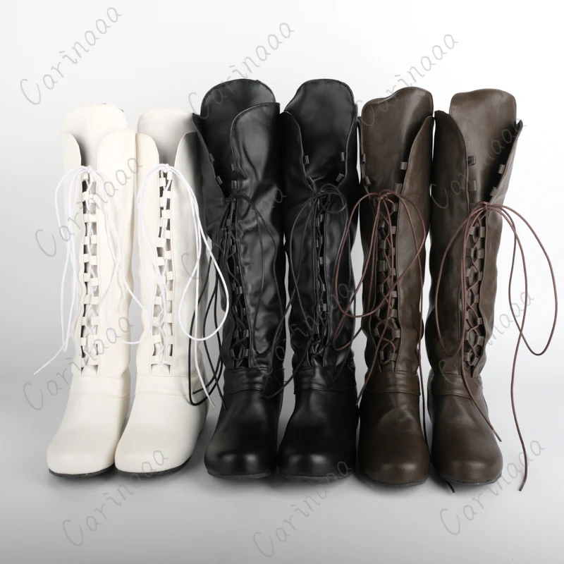 Medieval Retro Women Princess Men Prince Knight Cosplay Leather Short Ankle Boots Gothic Carnival Party High Tube Bandage Shoes