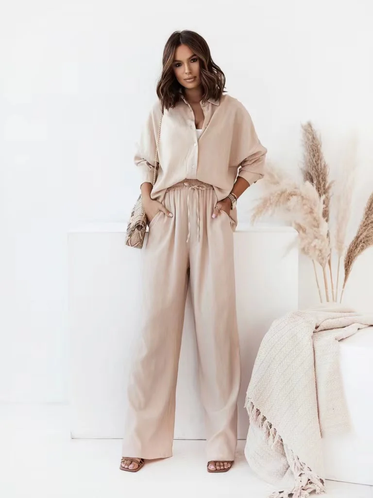 2023 Spring Autumn Trouser Suit Set for Women Office Wear Chic Shirts Two Piece Suit Women Elegant Wide Pants Outfits Tracksuit