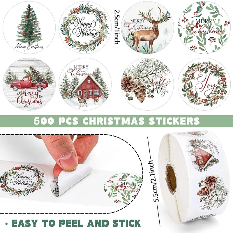 500Pcs Christmas Stickers Roll Xmas Labels Stickers Decor 2025 Merry Christmas Cartoon Packaging Decorations