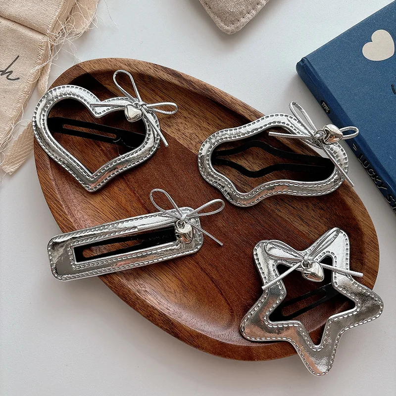 

1pc Silver Leather BB Clip Bow Bangs Side Clip Barrettes Children's Hairpins Kids Headwear Hair Clips Girls Hair Accessories