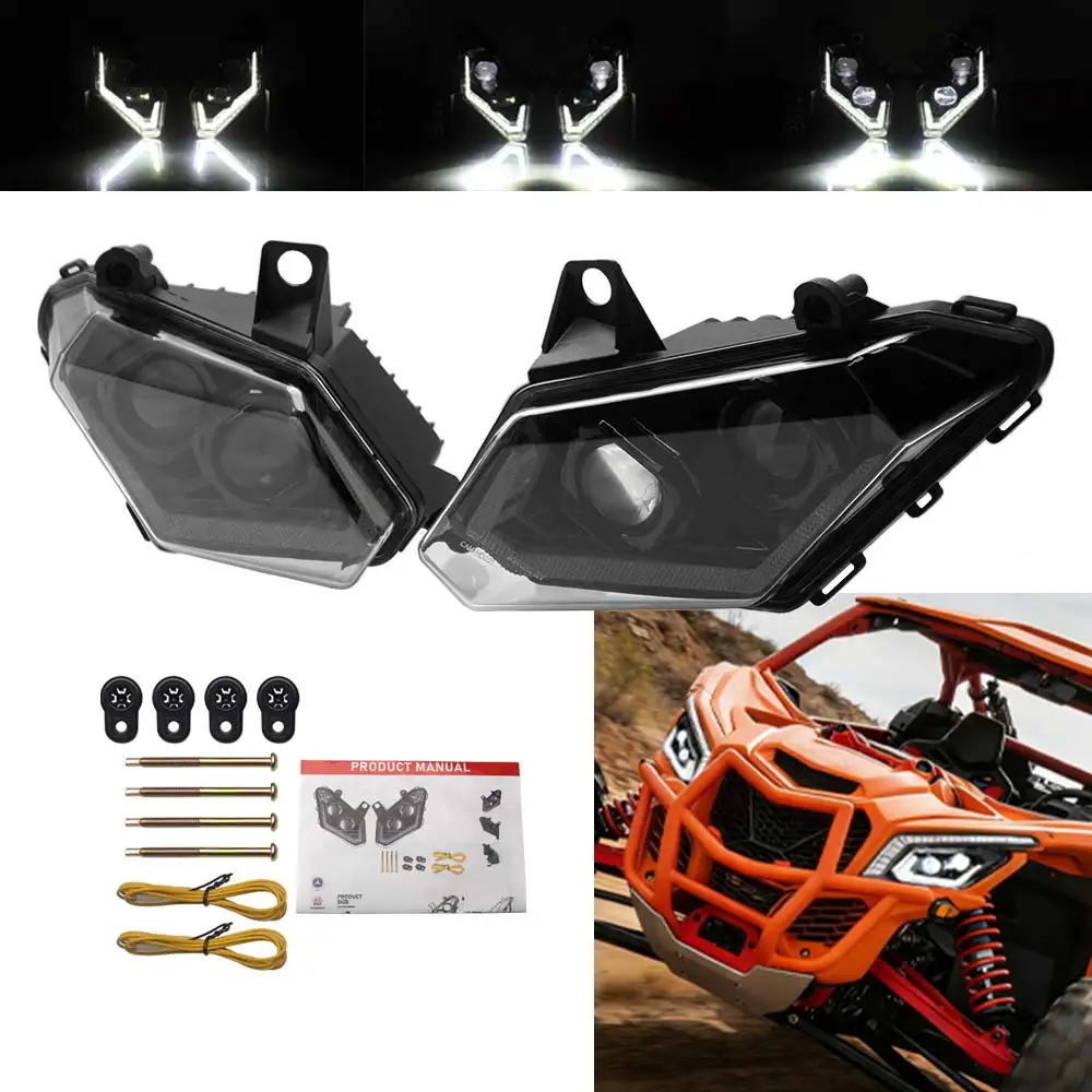 SxS/Utv Led Headlights Led Chips Light With Drl Fits For Can-Am Maverick X3 Max 2017‑2025 Black Aluminum Housing Clear Pc Lens