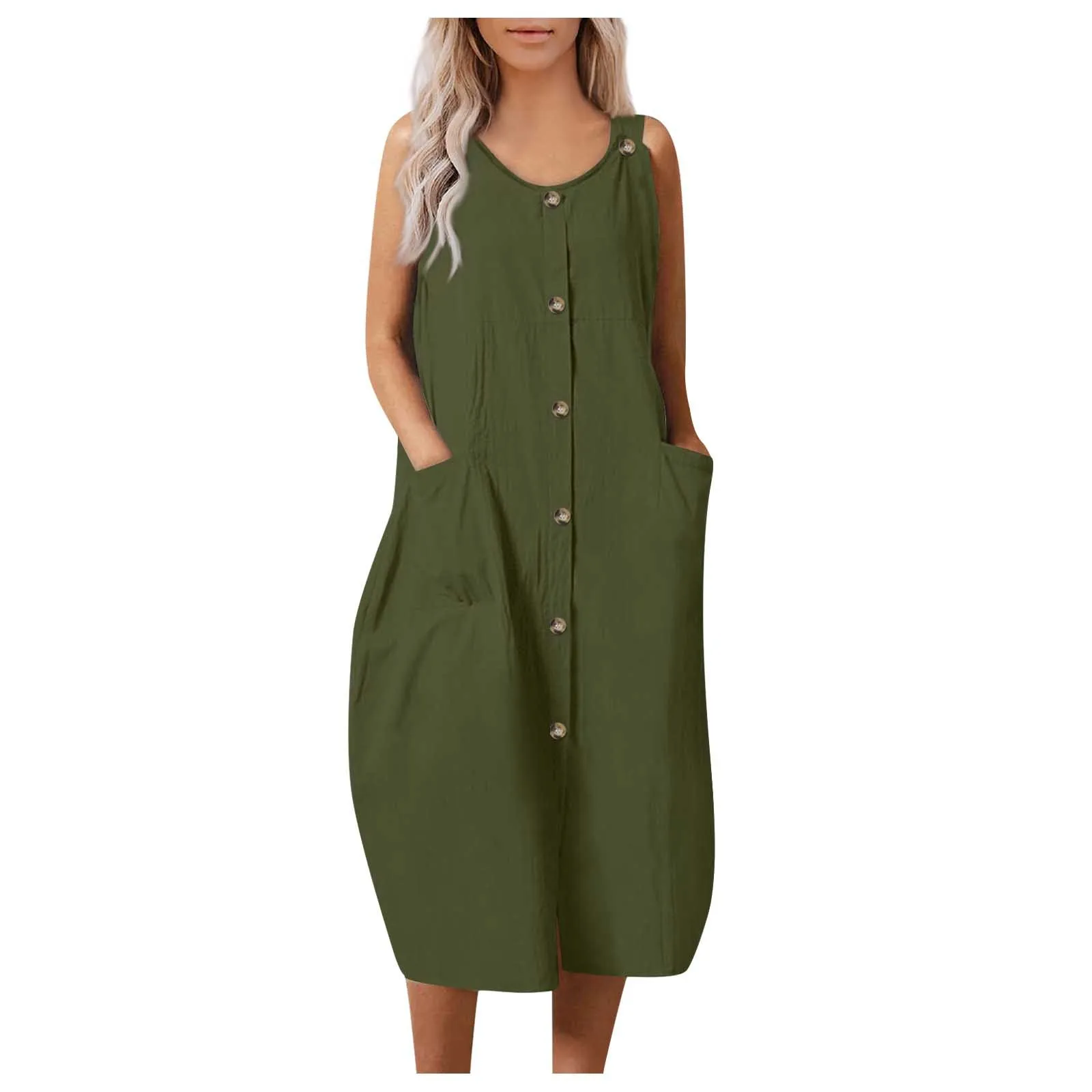 Women's Midi shirt dress Fashion Sleeveless Adjustable Sling Dress with pocket Loose and comfortable dresses vestidos curtos