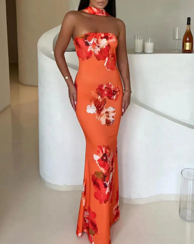 

Women's Tropical Floral Print Mermaid Maxi Dress Convertible Halter Tube Dress Sleeveless Bodycon Evening Dress