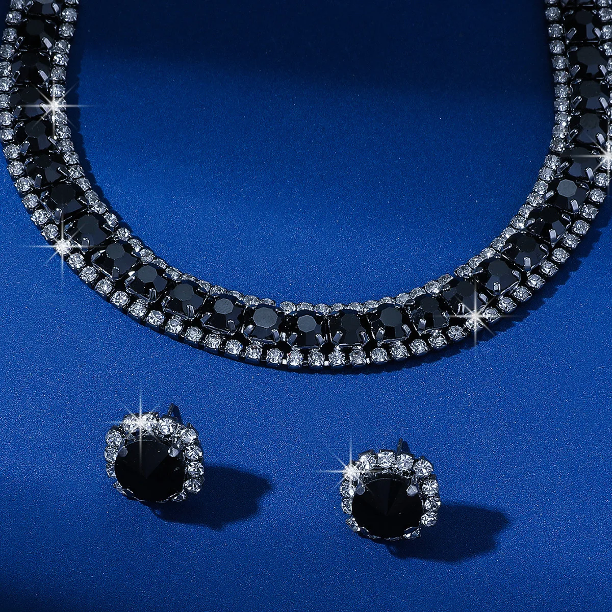 FYUAN Luxury Blue Black Crystal Necklace Earrings for Women Weddings Party Jewelry Sets Accessories