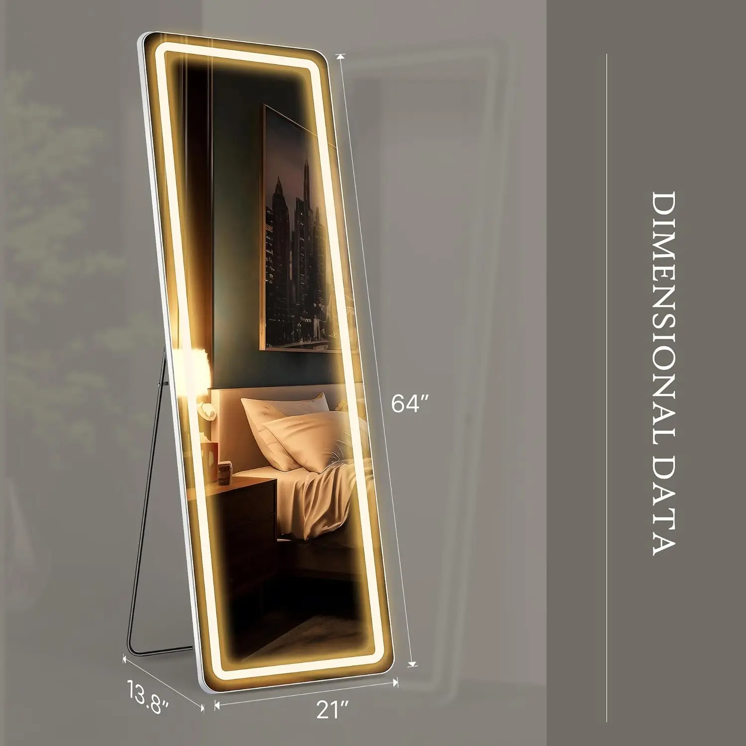 Imagem -05 - Comprimento Total Floor Mirror com Luz Led Pendurado Espelho com Suporte Wall Mounted Mirror Escurecimento e Iluminação a Cores 64x21