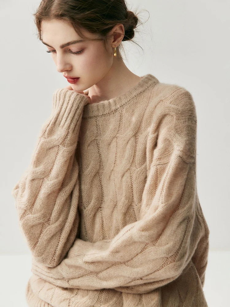 

Высококачественный женский утолщенный вязаный свитер из 100% чистого кашемира с круглым вырезом, уютный теплый зимний вязаный топ свободного покроя