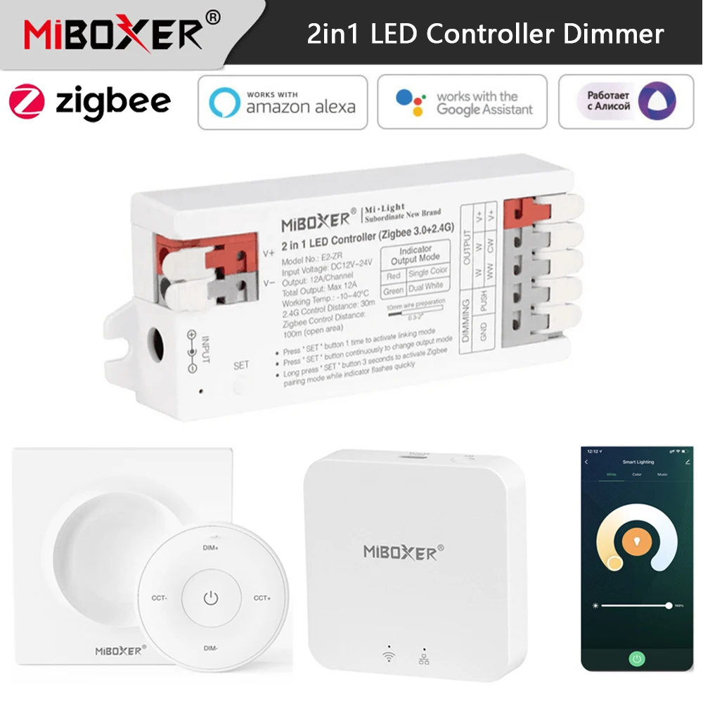 Miboxer Zigbee 2in1 Smart LED Light Dimmer with 2.4G Remote/ Voice/ APP Control ECHO Plus for 5050 COB CCT Single Color Light