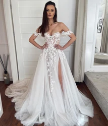 Vestido De novia bohemio con hombros descubiertos, vestidos De novia De línea A, Apliques De encaje, tul hecho a medida, sin espalda, vestido De Mariee, tren De barrido