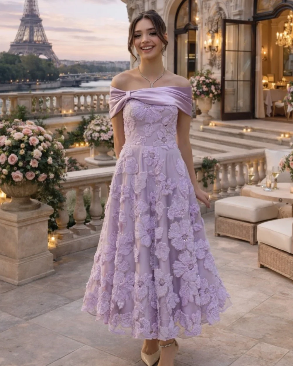 

Customized Exquisite Women Charmeuse Handmade Flower Sequined A-line Evening Dress Classic Off-the-shoulder Ankle Length Dresses