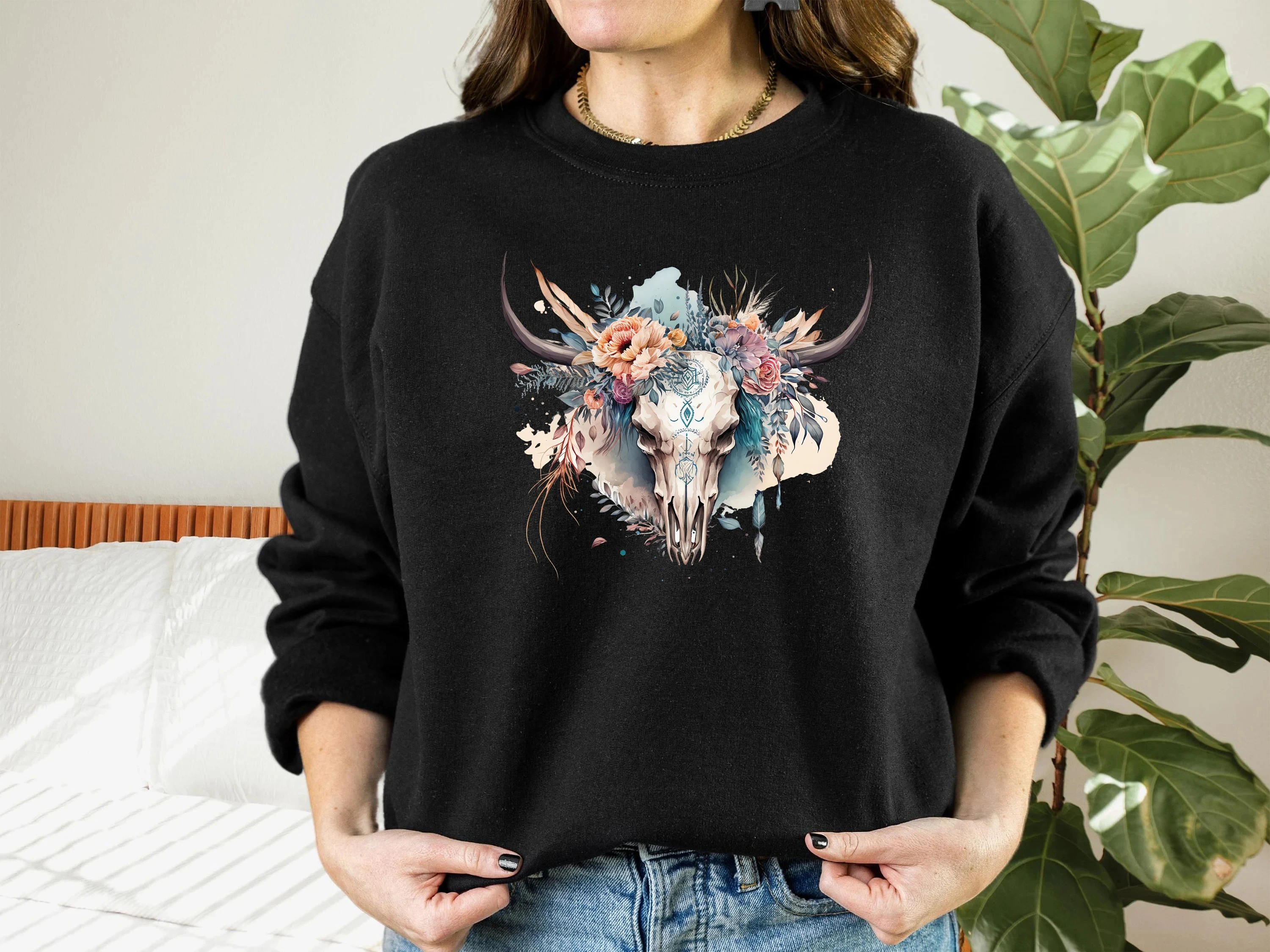 

Floral Bull Skull Sweatshirt Hoodie Men's and Women's Round Neck Sweatshirts Y2k Tops Autumn and Winter Pullover Women Clothing