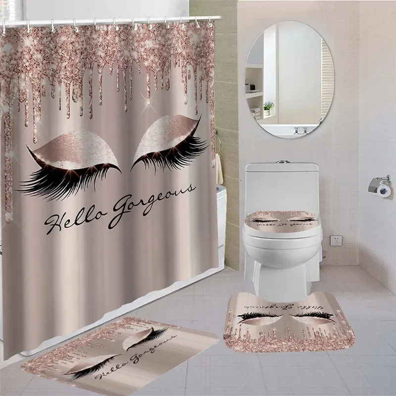 4 Pcs Eyelashes Shower Curtain Set Waterproof Fabric Bath Curtain Makeup Non-Slip Bath Mat Toilet Lid Cover Bathroom Decor
