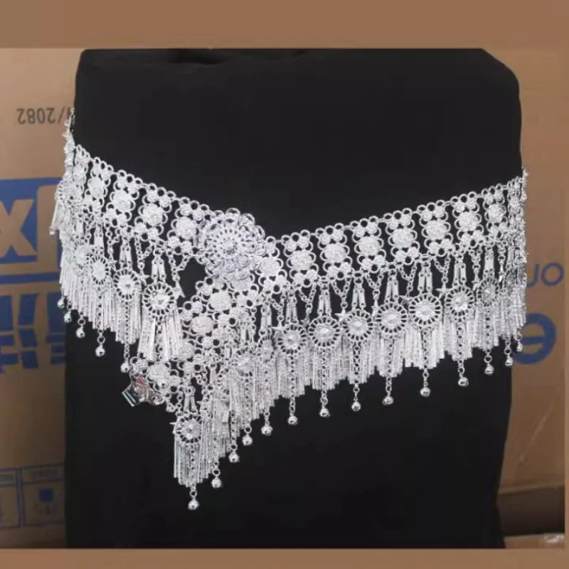 Chinese Miao Hmong Ethnic Silver Color Waist Chain Belt with Long Tassels Tribal Belly Dance Accessories