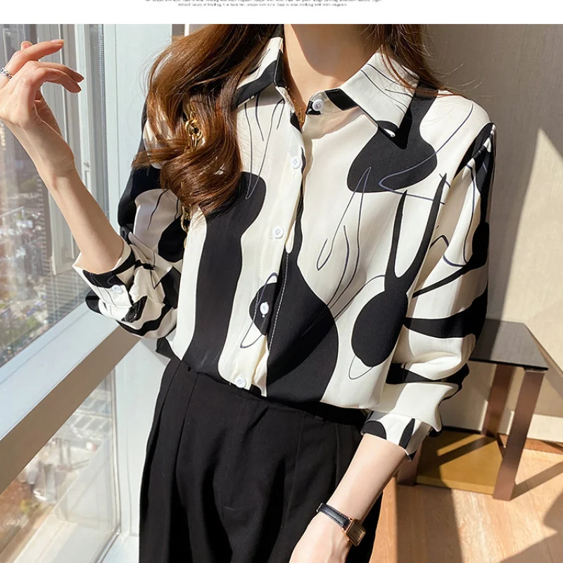 Women Spring Korean Fashion Loose Printing Chiffon Polo-Neck Long Sleeve Shirts Women Clothes Casual All-match Appear Thin Tops