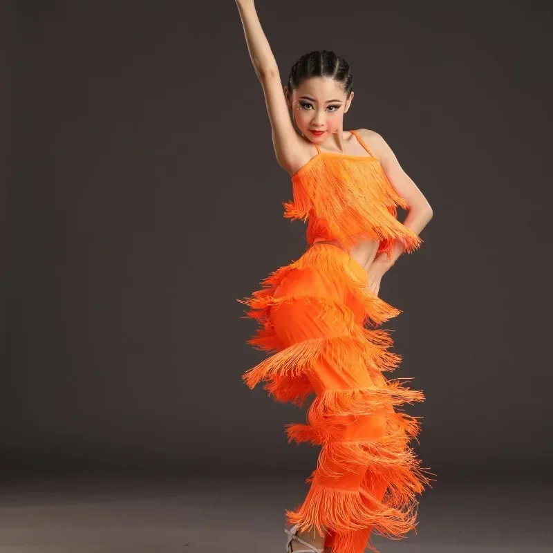 Latin dance dress for girls children's practice competition costume split tassel set adult clothing fringe skirt ballroom dress