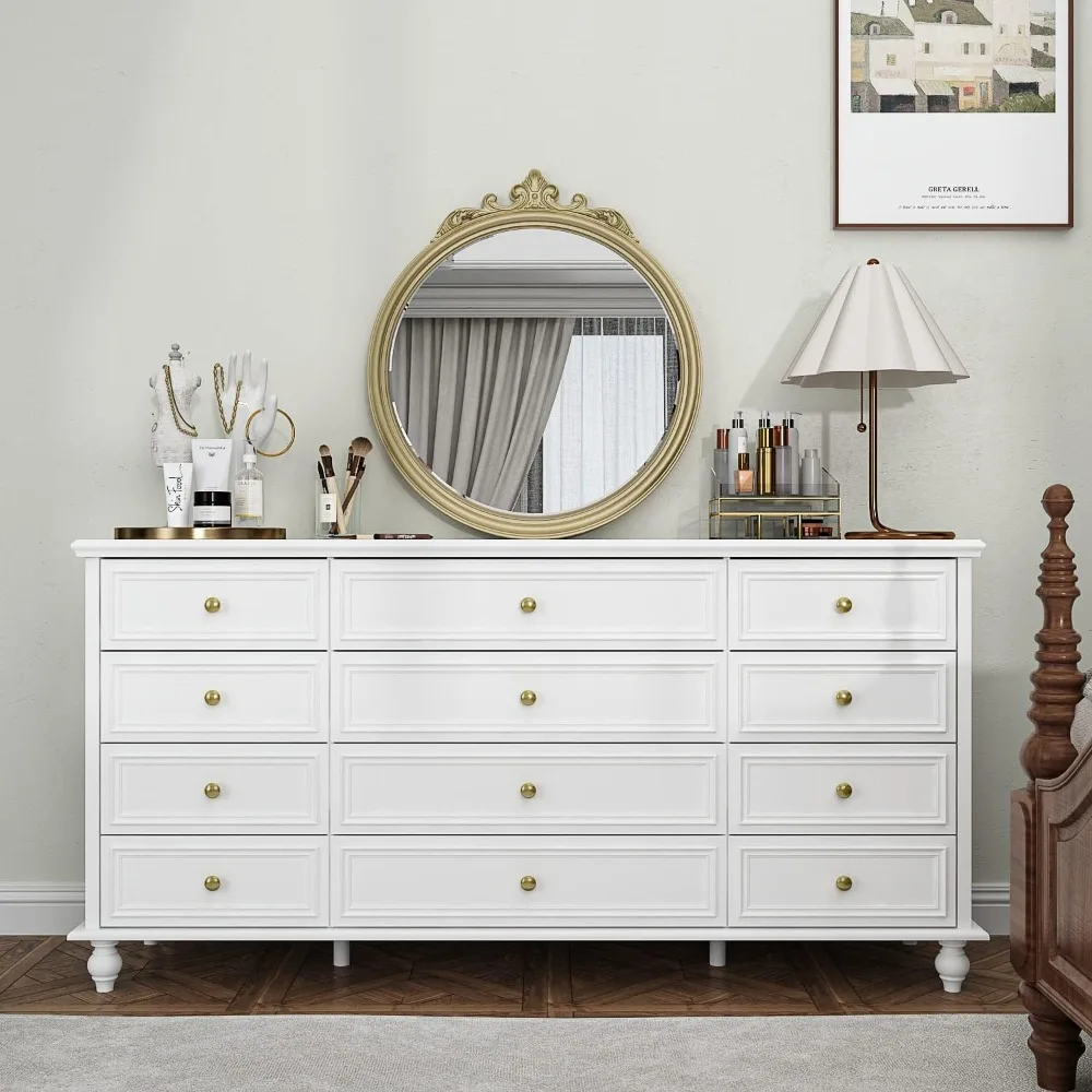 Long Dresser 12 Drawers, Chest of Drawers Storage Organizer Gold Metal Handles and Legs for Bedroom/Living Room/Entryway, White