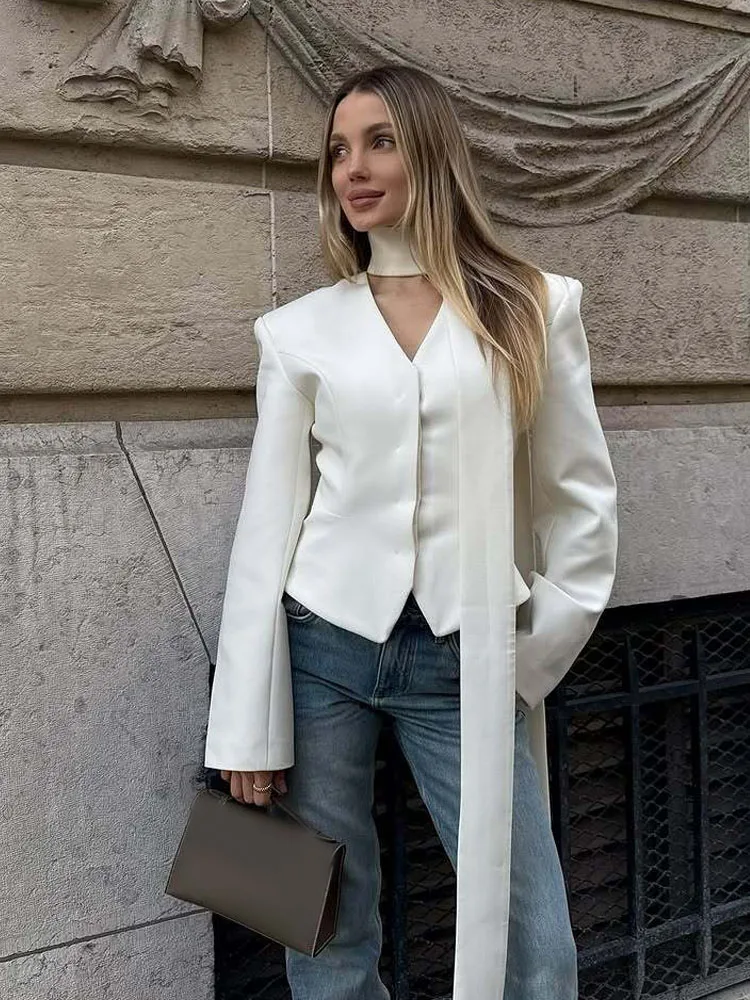 

HH осень-зима, новый женский пиджак с шарфом и воротником-стойкой, приталенный пиджак из смеси шерсти, приталенный пиджак, повышенная основная верхняя одежда