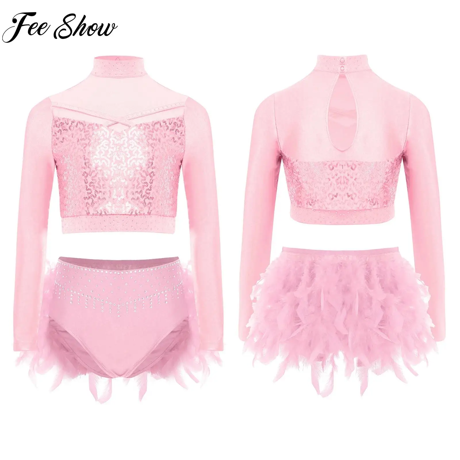 

Kids Girls Gymnastics Dance Outfit Skating Ballet Dancewear Long Sleeve Shiny Sequins Sheer Mesh Crop Top And Feather Bottoms