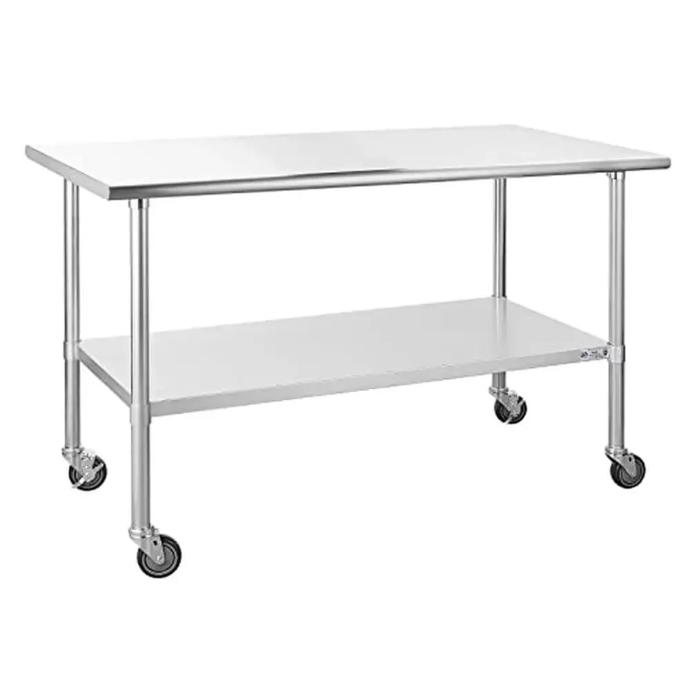 Stainless Steel Work Table with Undershelf & Casters 30x60 Inch NSF Commercial Heavy Duty Adjustable Feet Large Storage Kitchen